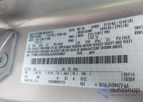 2018 Ford Escape Sel z USA, uszkodzony, nr VIN 1FMCU9HD6JUD33497